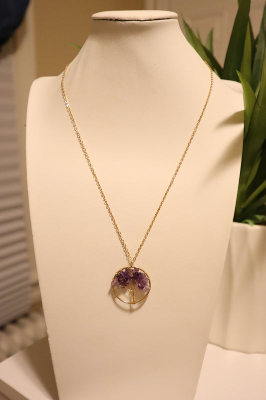 Amethyst Natural Stone Tree of Life Necklace Color Gold