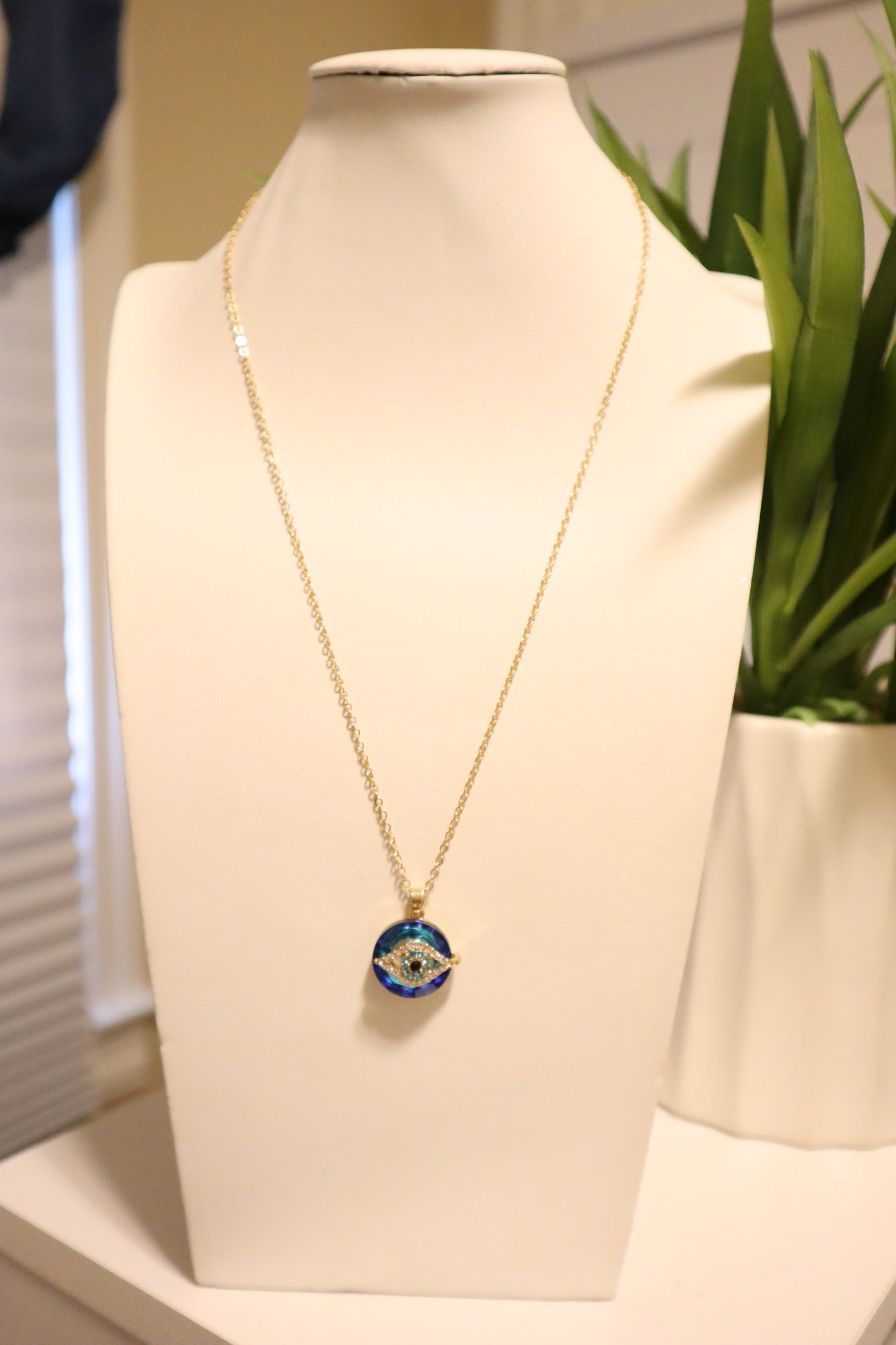 Delicate Rhinestone Blue Evil's Eye Pendant Necklace Color Gold