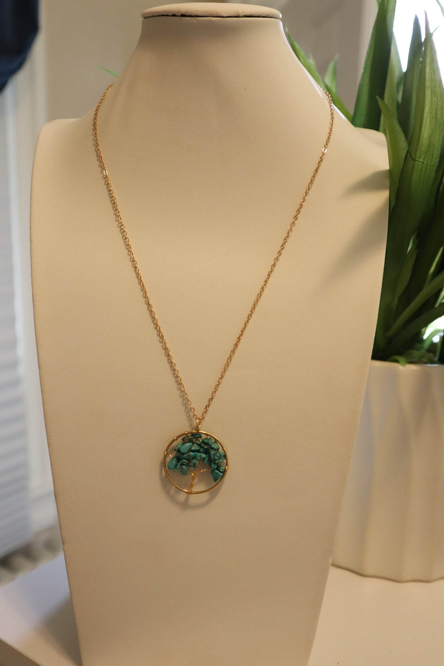 Turquoise Natural Stone Tree of Life Necklace Color Gold