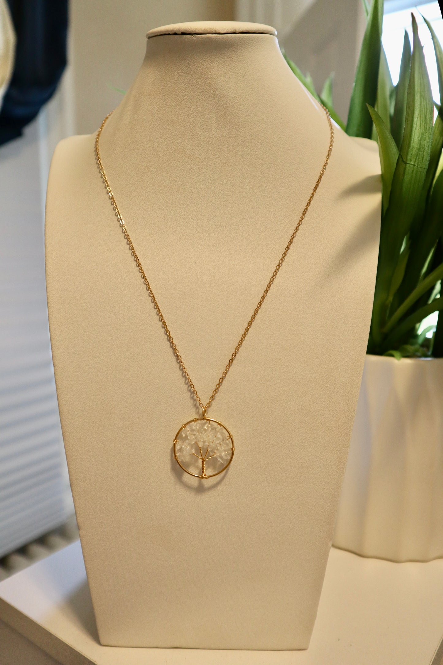 White Rock Quartz Tree of Life Necklace Color Gold