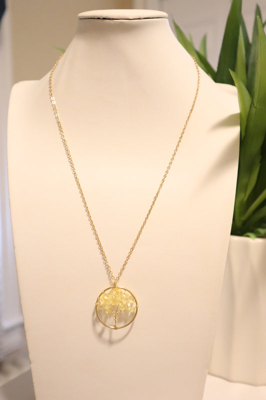 Yellow Quartz Natural Stone Tree of Life Necklace Color Gold