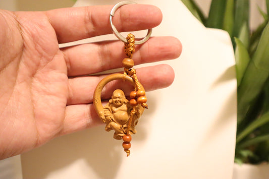 Wood Carving Wooden happy Buddha Keychain